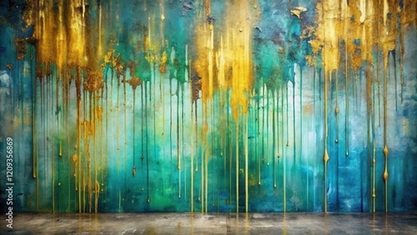 Fototapeta Abstract Dripping Paint Wall Texture Teal and Gold Hues on a Rough Surface