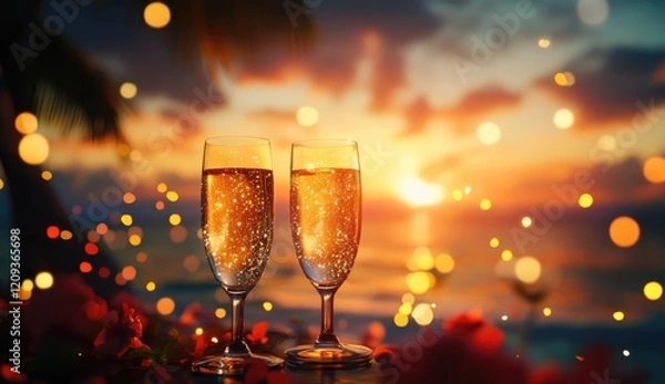 Fototapeta  toasting glasses of sparkling champagne with romantic lights of valentine celebration party.