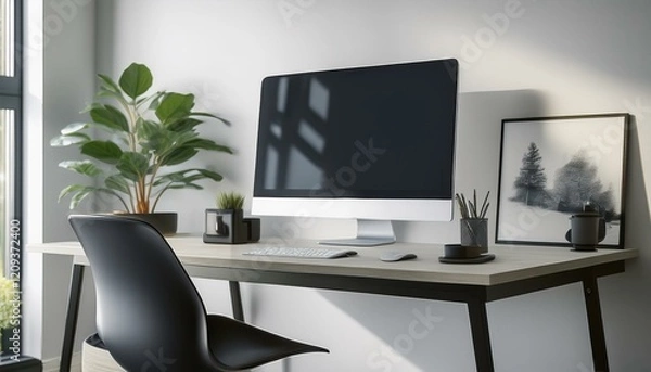 Fototapeta A minimalist home office setup featuring a desktop monitor, ergonomic chair, and motivational decor on the desk.