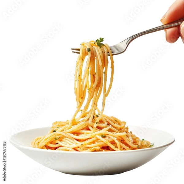 Fototapeta Holding a forkful of spaghetti, isolated on a white background, ready for a delightful meal. cutout png