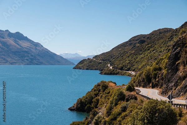 Obraz Devils Staircase road between Queenstown and Te Anau next to Lake Wakatipu during a clear summer day (South Island, New Zealand) 