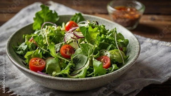 Obraz A bowl is placed on black marble and there is a juicy fish salad with vegetables in the bowl and a fork is also placed on top of the bowl and there are vegetables around ai generated