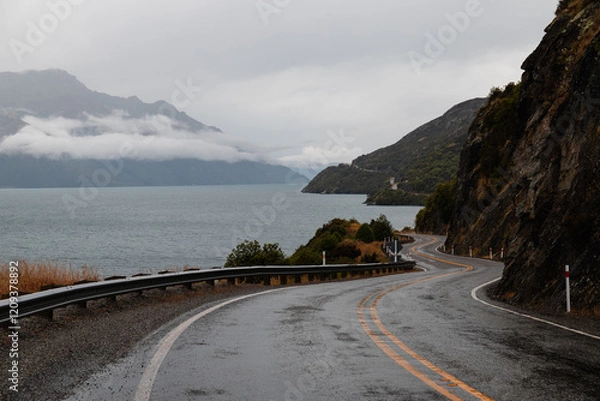 Obraz Devils Staircase road between Queenstown and Te Anau next to Lake Wakatipu after a heavy rain (South Island, New Zealand) 