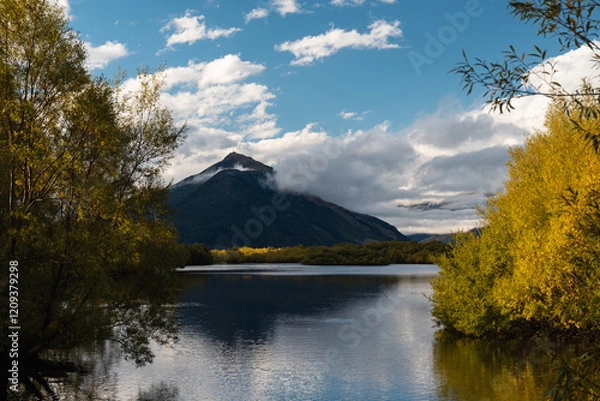 Obraz Scenic countryside with Glenorchy Lagoon and massive mountains in the background on a perfect summer evening with some clouds (Glenorchy, South Island, New Zealand)