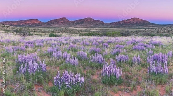 Fototapeta Sunset Lupine Field, Desert Landscape, Pink Sky