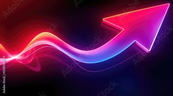 Fototapeta Neon glowing arrow, vibrant pink to blue gradient, wavy energy line, dark background, futuristic, dynamic, abstract, digital art, 3D rendering, glowing effects, motion blur, sleek design, upward 