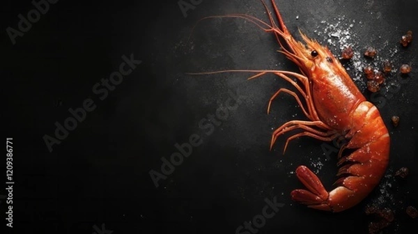Fototapeta A vibrant red shrimp is displayed on a dark surface, surrounded by grains of salt and a hint of spice, highlighting its freshness for culinary use