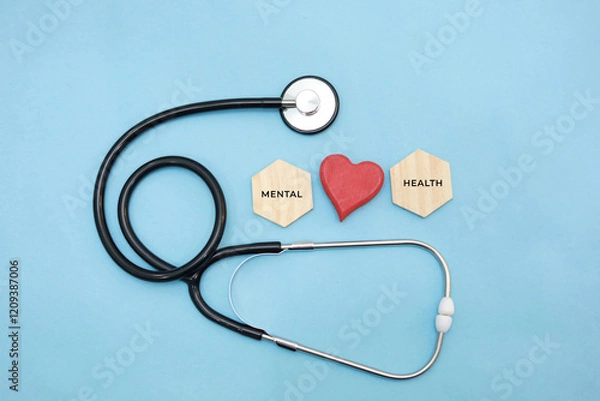 Fototapeta MEDICAL HEALTH text on wooden block with stethoscope and heart on blue background. Top view. Flat lay. Medicine concept.