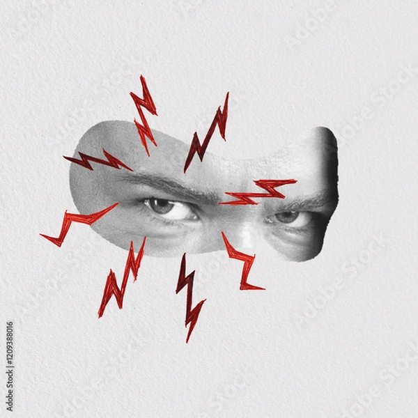 Obraz Abstract collage illustration of angry person eyes with red lightnings. Grunge and noise effect applied. Retro vintage style