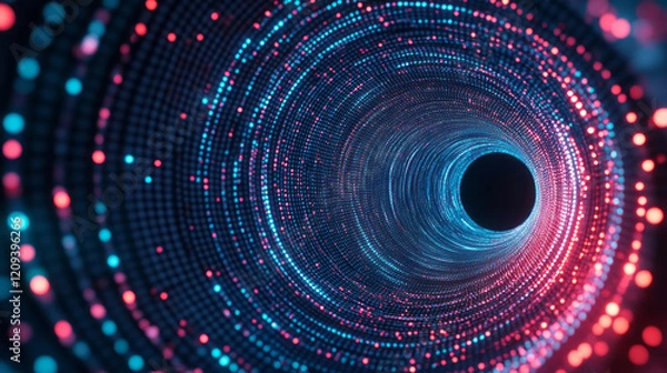 Fototapeta An abstract digital design featuring colorful pixel bursts with radiant circular gradients in neon red and blue, emphasizing energy and motion,