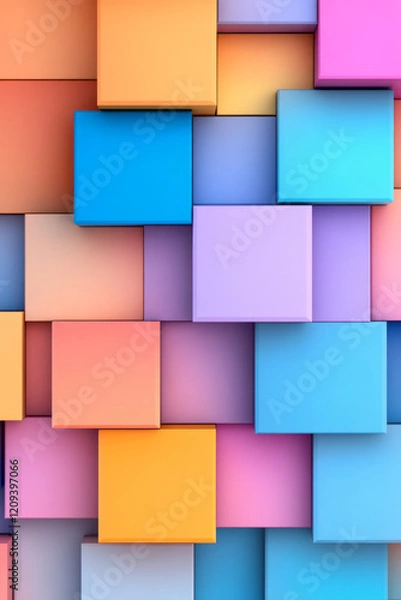 Fototapeta A modern abstract 3D geometric composition of stacked squares in lively colors such as neon pink, electric blue, and bright orange, creating depth and dimension,