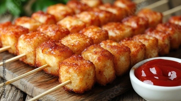 Fototapeta  "Crispy Chicken Nuggets with Ketchup on Wooden Table: A Tempting Dark Background Delight"