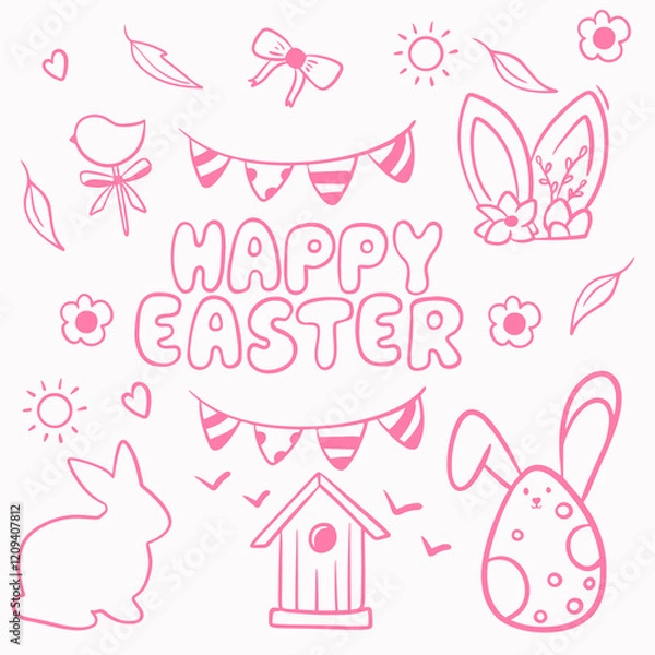 Obraz Big set of vector pink doodle elements for Easter: bunny with egg, Easter cake, lettering, basket with eggs, bunny ears with flowers, eggs with ears, birdhouse, lollipop in the form of a bird