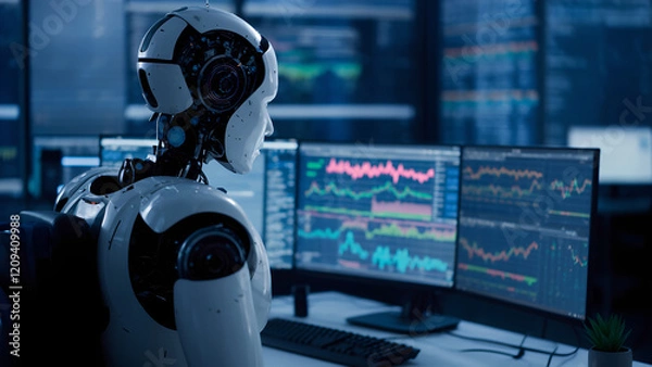 Fototapeta An engineer working on algorithm training, with colorful data displays filling the workspace.