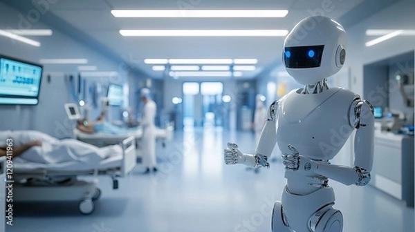 Fototapeta A robotic assistant providing medical support in a modern healthcare facility, clean and sophisticated environment with a focus on healthcare technology, Healthcare style