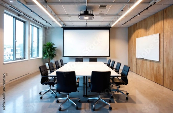 Fototapeta Spacious conference room with a large table, comfy chairs, and a projector for presentations