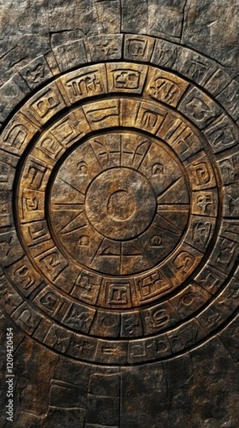 Fototapeta Ancient Stone Wheel of Time with Mysterious Glyphs and Symbols