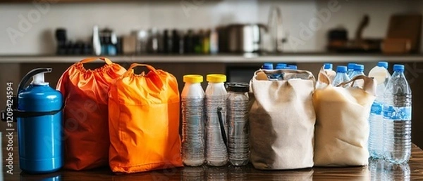 Fototapeta Prepared Hurricane Emergency Supplies and Bags for Safety and Readiness