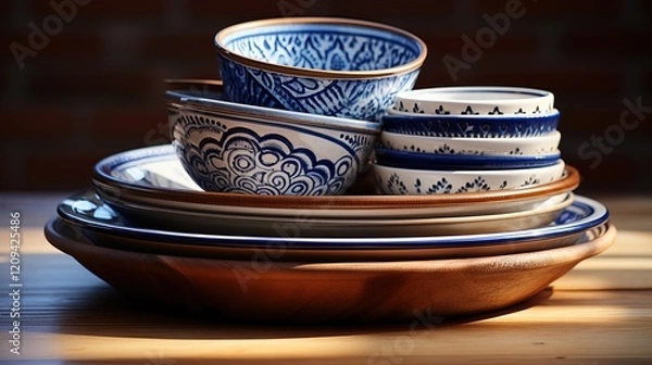Obraz beautiful bowls and plates on a wooden table