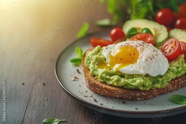 Fototapeta Mashed avocado spread on sourdough toast with poached egg and cherry tomatoes on a rustic table
