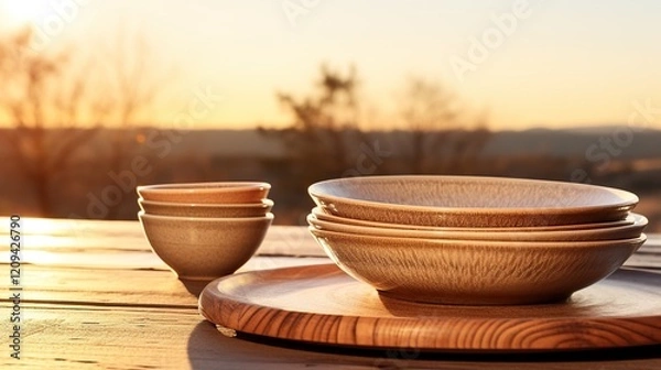 Obraz beautiful bowls and plates on a wooden table