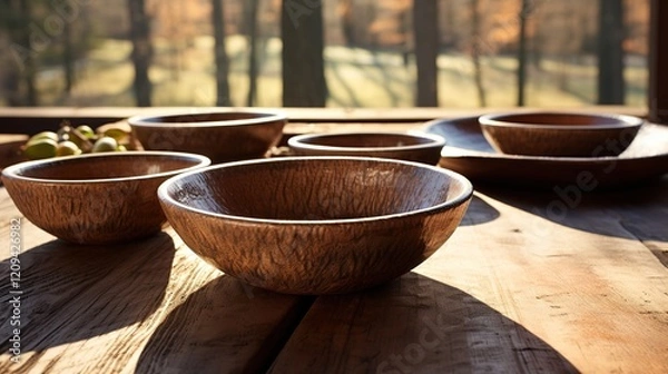 Obraz beautiful bowls and plates on a wooden table
