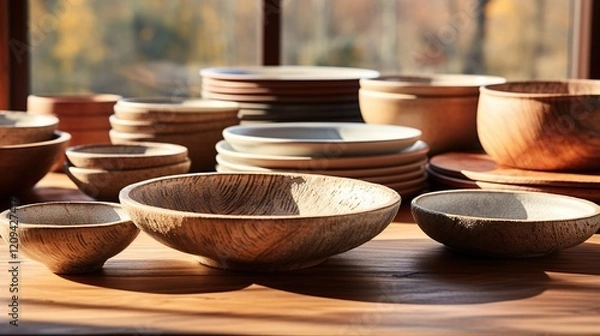Obraz beautiful bowls and plates on a wooden table