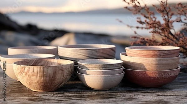 Obraz beautiful bowls and plates on a wooden table