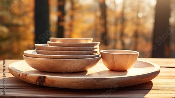 Obraz beautiful bowls and plates on a wooden table
