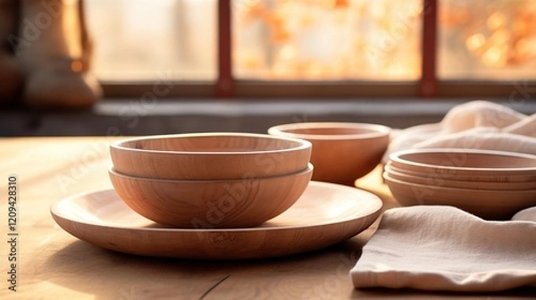 Obraz beautiful bowls and plates on a wooden table