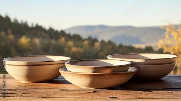 Obraz beautiful bowls and plates on a wooden table
