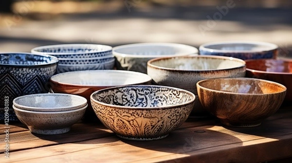 Obraz beautiful bowls and plates on a wooden table
