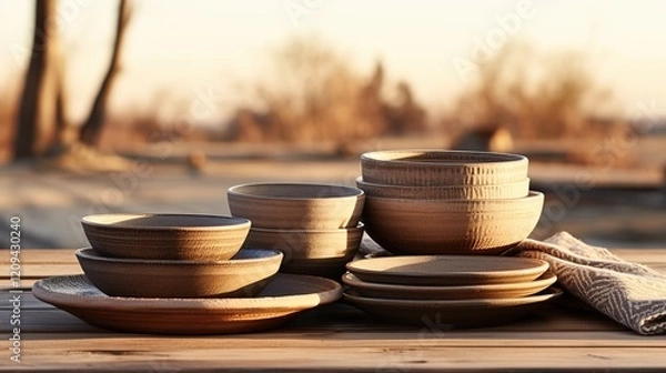 Obraz beautiful bowls and plates on a wooden table