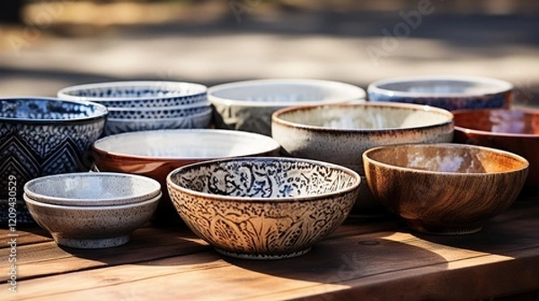 Obraz beautiful bowls and plates on a wooden table