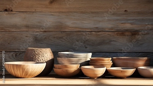 Obraz beautiful bowls and plates on a wooden table