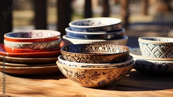 Obraz beautiful bowls and plates on a wooden table