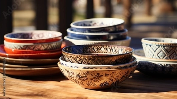 Obraz beautiful bowls and plates on a wooden table