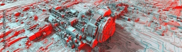 Fototapeta Red & blue gears mechanism, abstract tech background