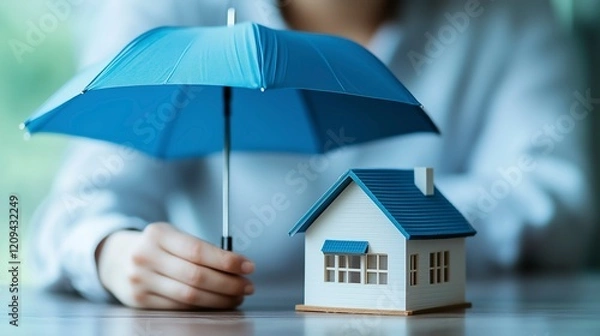 Obraz A hand holding a small model house with a blue umbrella above it home insurance concept 