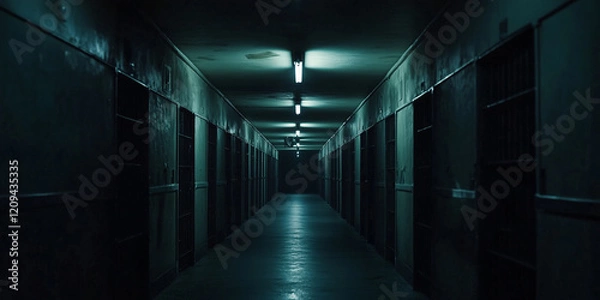 Fototapeta A dark, eerie prison hallway lined with barred cell doors and dim overhead lighting, creating a sense of isolation and confinement.  
