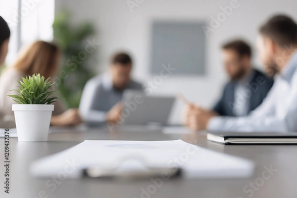 Fototapeta A soft focus image of a group of professionals brainstorming around a table