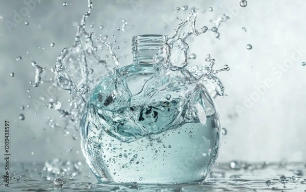 Fototapeta Ice-cold mineral water bottle with fresh splash effects, high-speed photography on a neutral background