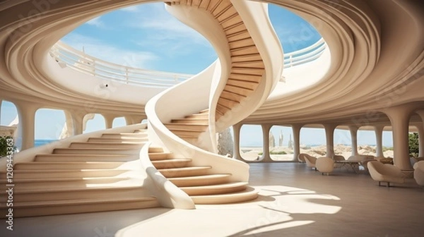 Fototapeta Beautiful view of the spiral staircase inside the building
