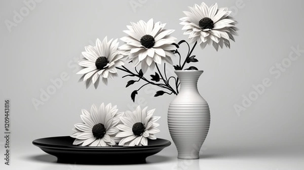 Obraz Black and white dishes and a flower in a vase