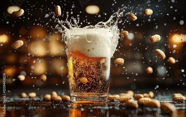 Fototapeta Beer splash with frothy head and flying peanuts in a playful composition