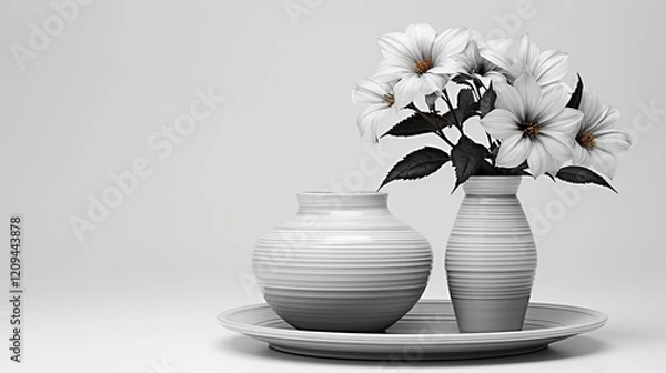 Obraz Black and white dishes and a flower in a vase