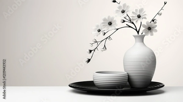 Obraz Black and white dishes and a flower in a vase