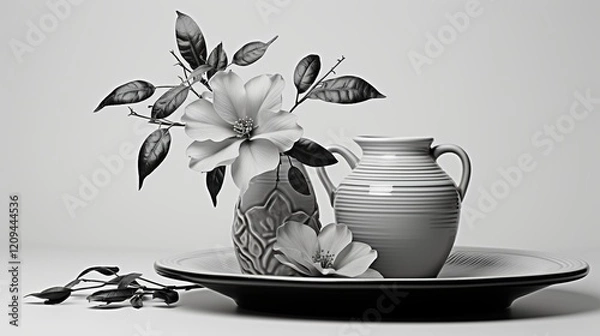 Obraz Black and white dishes and a flower in a vase
