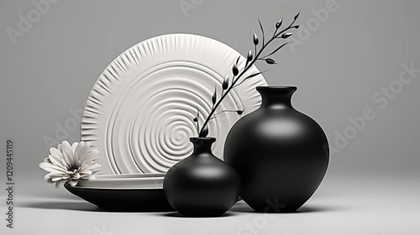 Obraz Black and white dishes and a flower in a vase