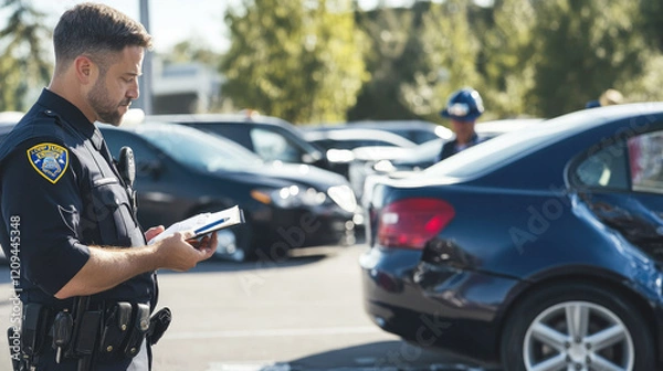 Obraz Police officer writing a report at the scene of a minor car accident in a parking lot with damaged vehicles in the background

